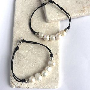 White Pearls on Black cotton cord Bracelet